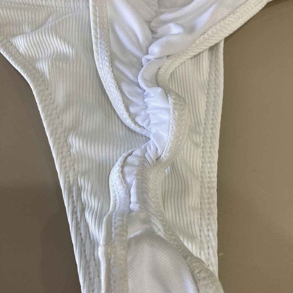 White Thong Bikini 2-piece gold chains sz L removeable cups - Picture 14 of 15
